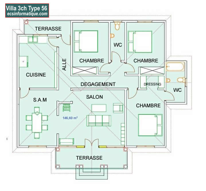 Plan de maison 3 chambres salon - Distribution 2D -Villa T4 Type 16