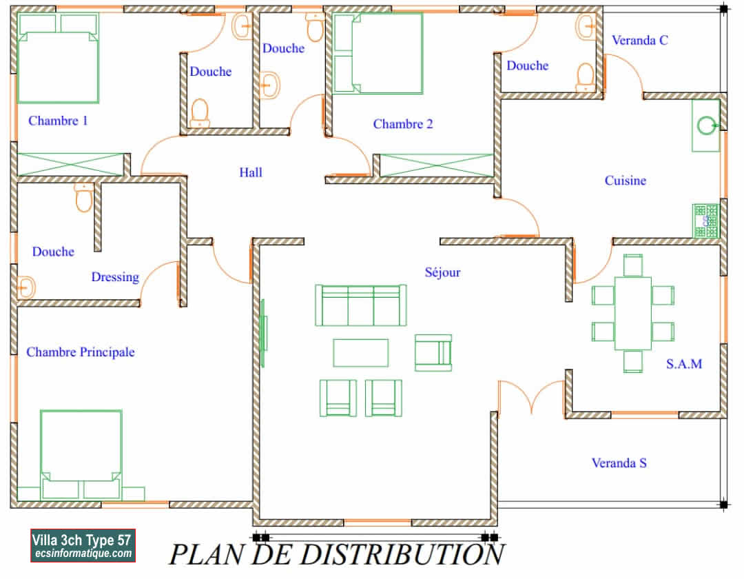 Plan de maison 3 chambres salon - Distribution 2D -Villa T4 Type 16