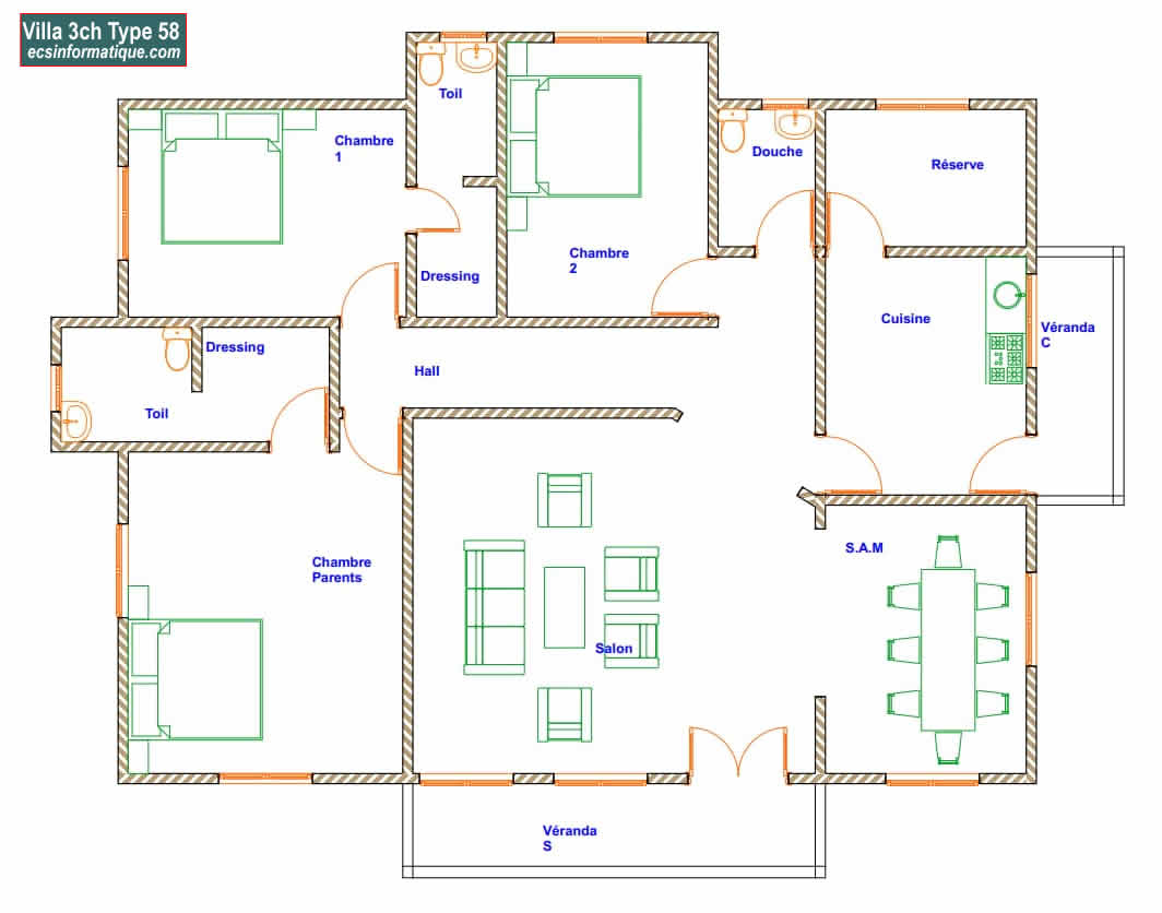 Plan de maison 3 chambres salon - Distribution 2D -Villa T4 Type 18