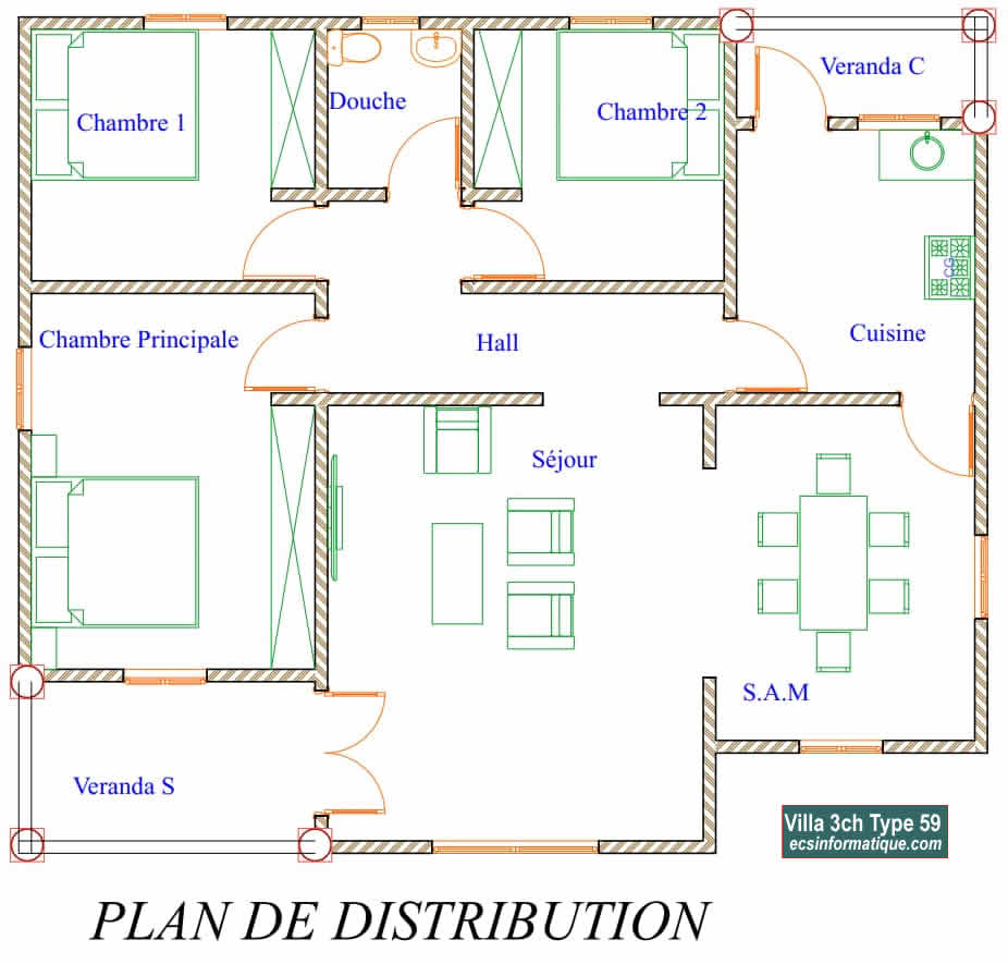 Plan de maison 3 chambres salon - Distribution 2D -Villa T4 Type 19