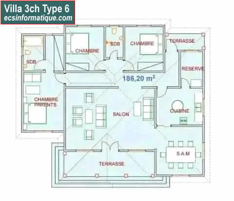 Plan de maison 3 chambres salon - Distribution 2D - Villa T4 Type 6