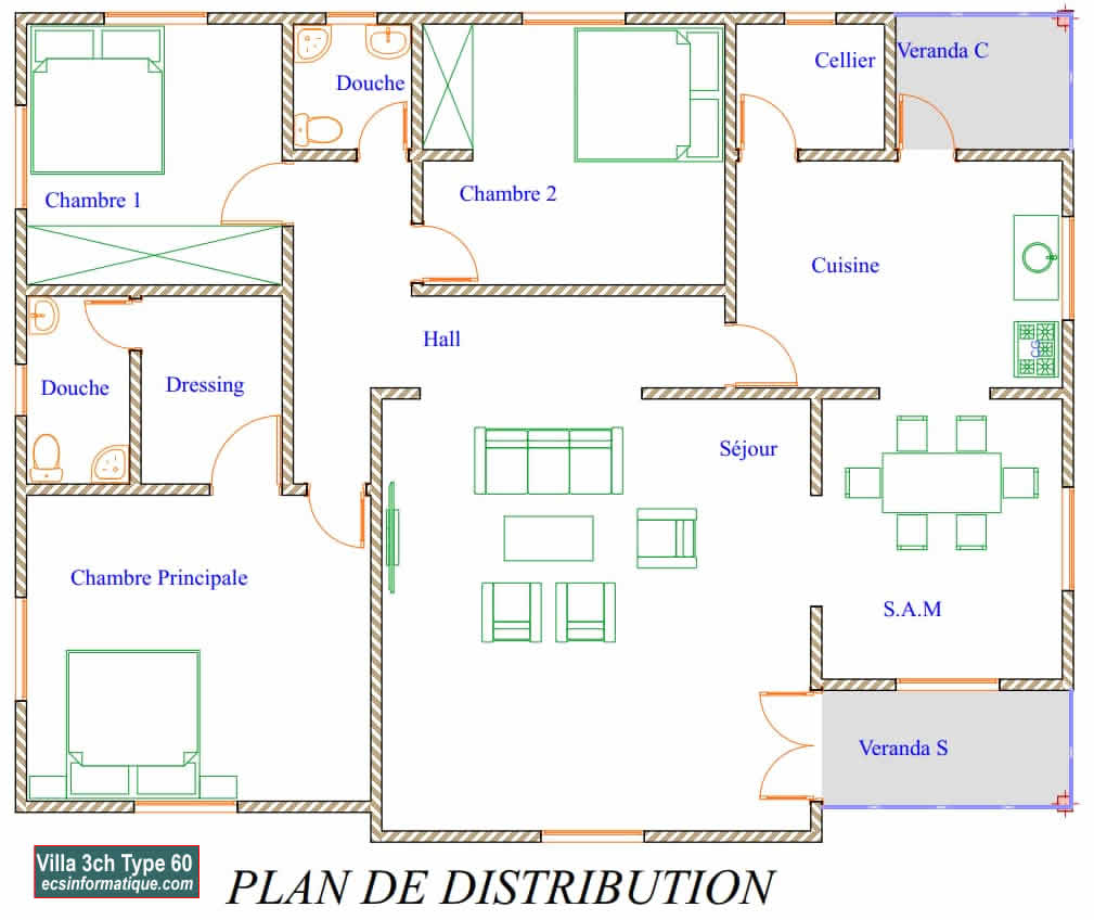 Plan de maison 3 chambres salon - Distribution 2D -Villa T4 Type 20