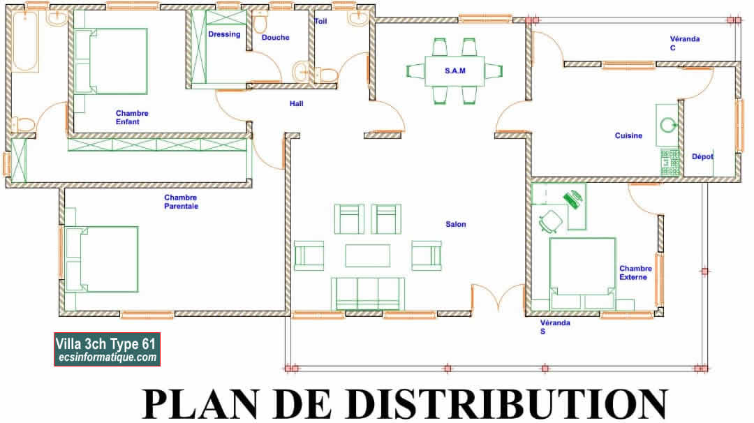 Plan de maison 3 chambres salon - Distribution 2D -Villa T4 Type 21