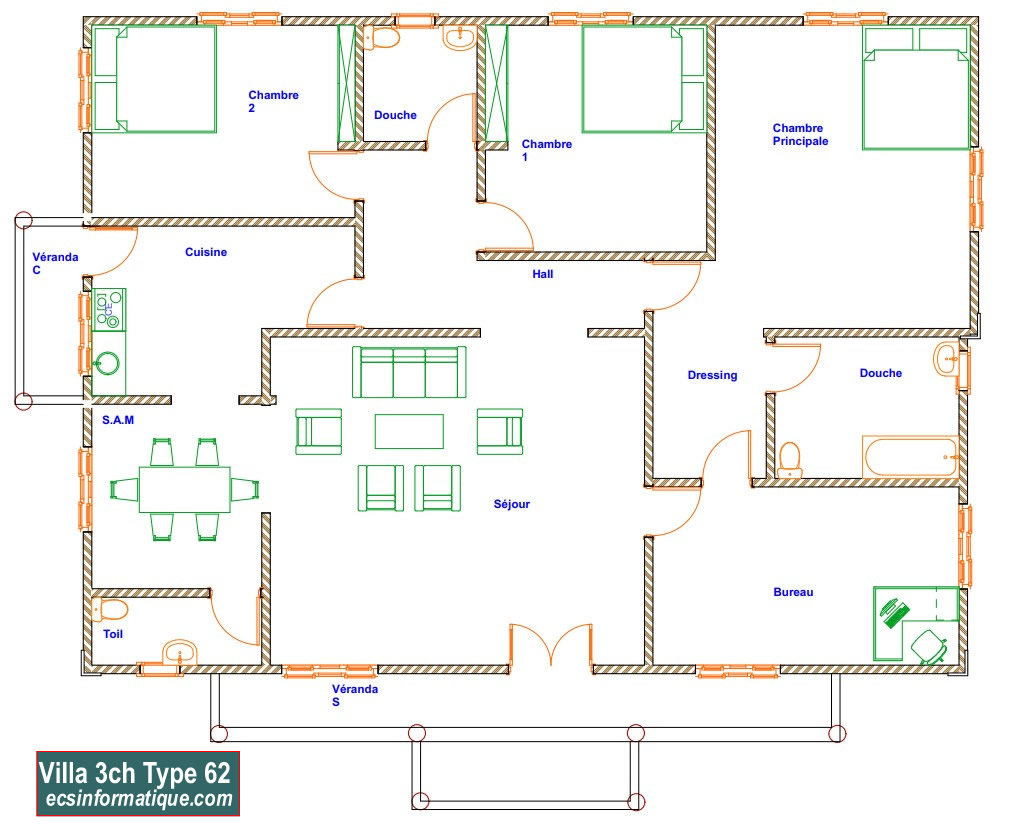Plan de maison 3 chambres salon - Distribution 2D -Villa T4 Type 22