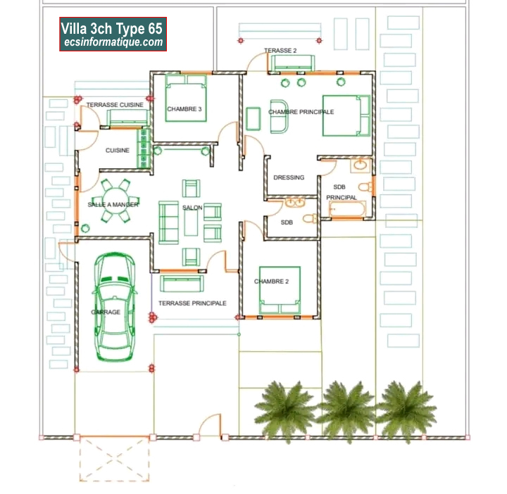 Plan de maison 3 chambres salon - Distribution 2D -Villa T4 Type 25