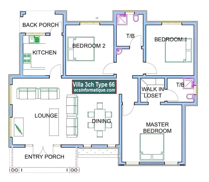 Plan de maison 3 chambres salon - Distribution 2D -Villa T4 Type 26