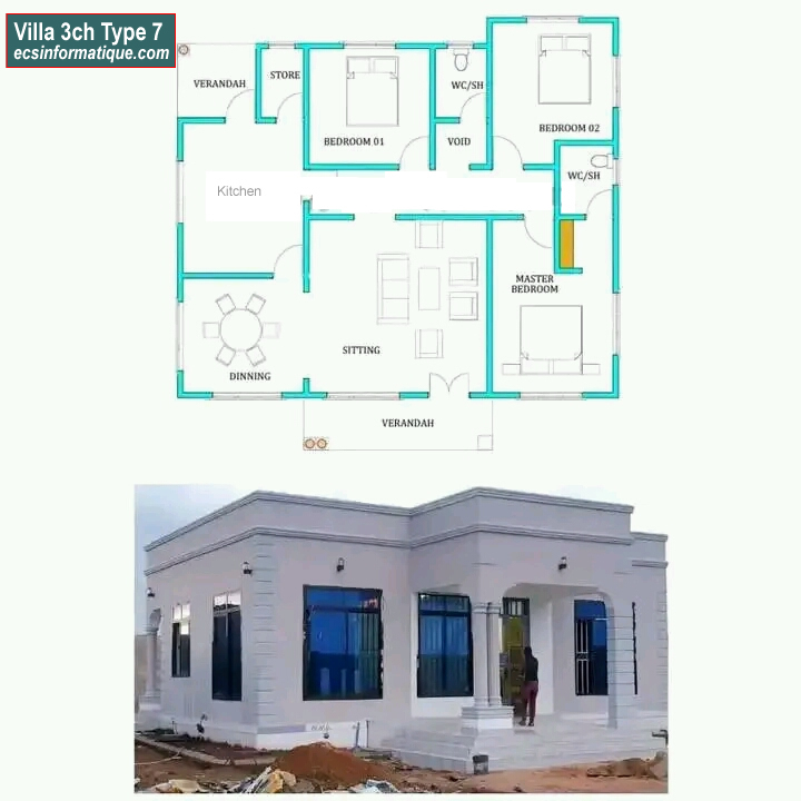Plan de maison 3 chambres salon - Distribution 2D - Villa T4 Type 7