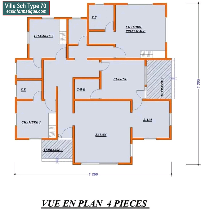Plan de maison 3 chambres salon - Distribution 2D -Villa T4 Type 30