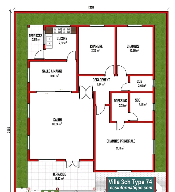 Plan de maison 3 chambres salon - Distribution 2D -Villa T4 Type 34