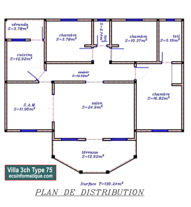 Plan de maison 3 chambres salon - Distribution 2D -Villa T4 Type 35