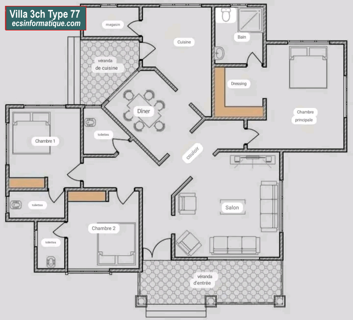 Plan de maison 3 chambres salon - Distribution 2D -Villa T4 Type 37