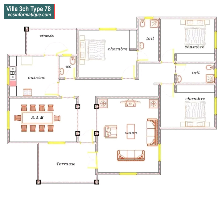 Plan de maison 3 chambres salon - Distribution 2D -Villa T4 Type 37