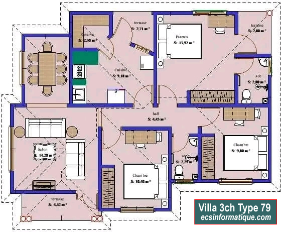 Plan de maison 3 chambres salon - Distribution 2D -Villa T4 Type 37