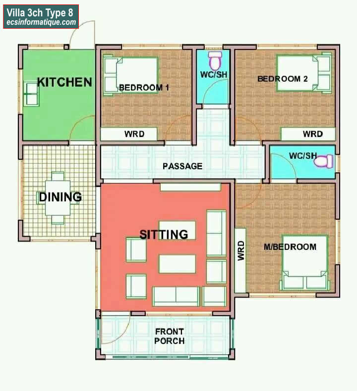 Plan de maison 3 chambres salon - Distribution 2D - Villa T4 Type 8