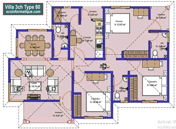 Plan de maison 3 chambres salon - Distribution 2D -Villa T4 Type 37