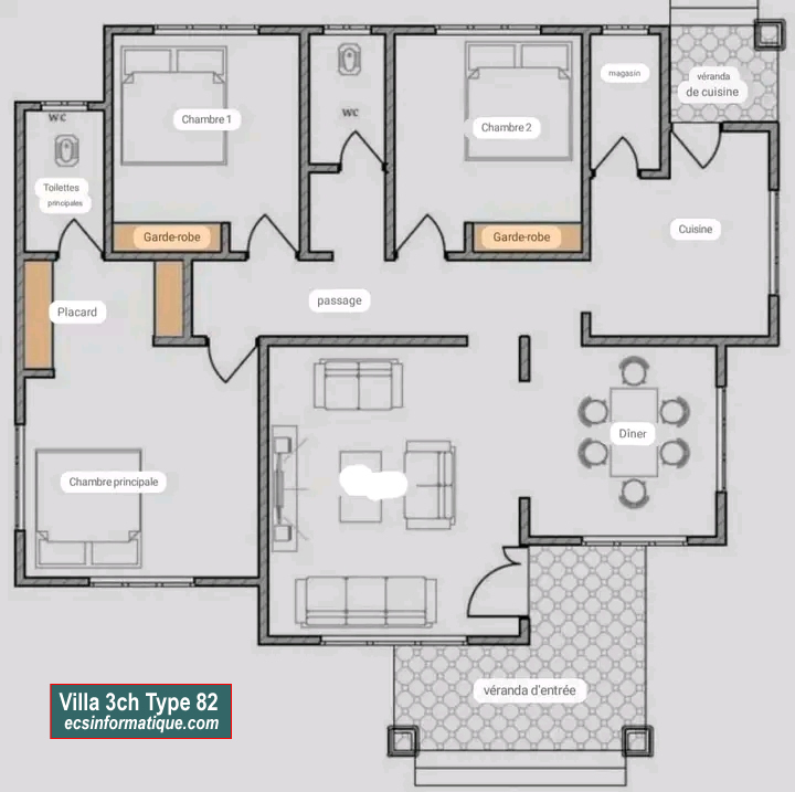 Plan de maison 3 chambres salon - Distribution 2D - Villa T4 Type 2