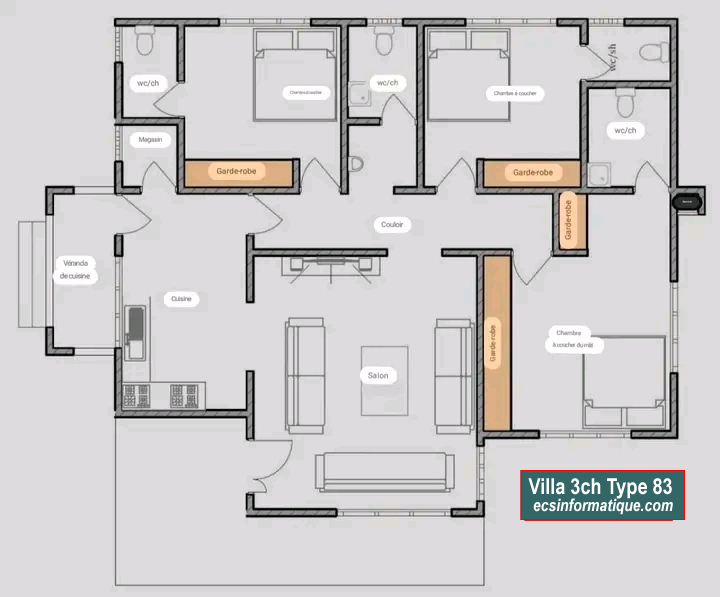 Plan de maison 3 chambres salon - Distribution 2D - Villa T4 Type 3