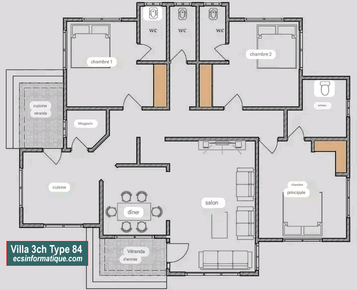 Plan de maison 3 chambres salon - Distribution 2D - Villa T4 Type 4