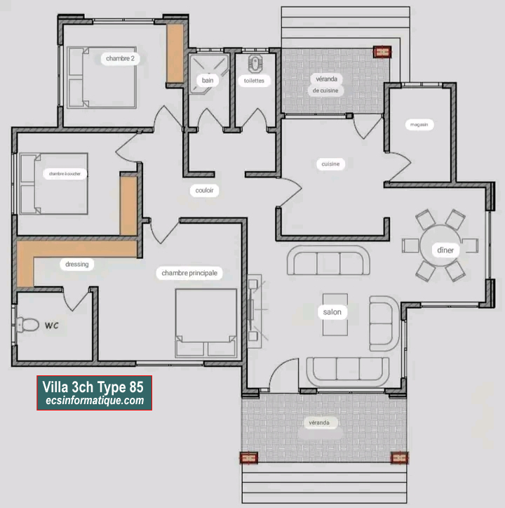 Plan de maison 3 chambres salon - Distribution 2D - Villa T4 Type 5
