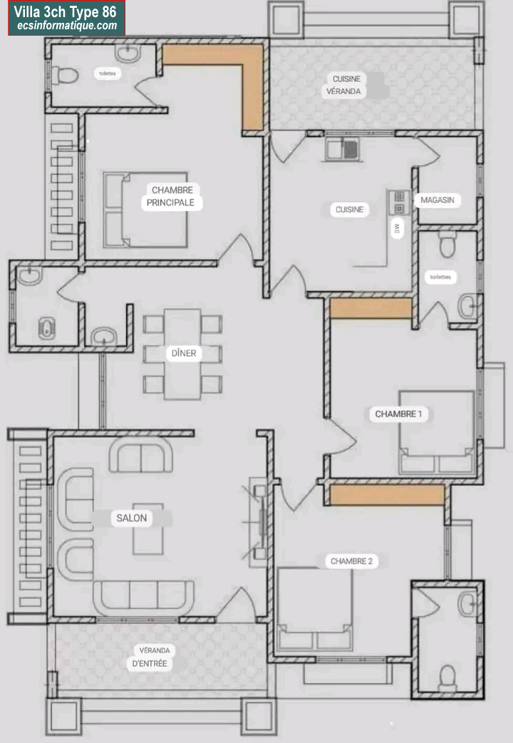 Plan de maison 3 chambres salon - Distribution 2D - Villa T4 Type 6