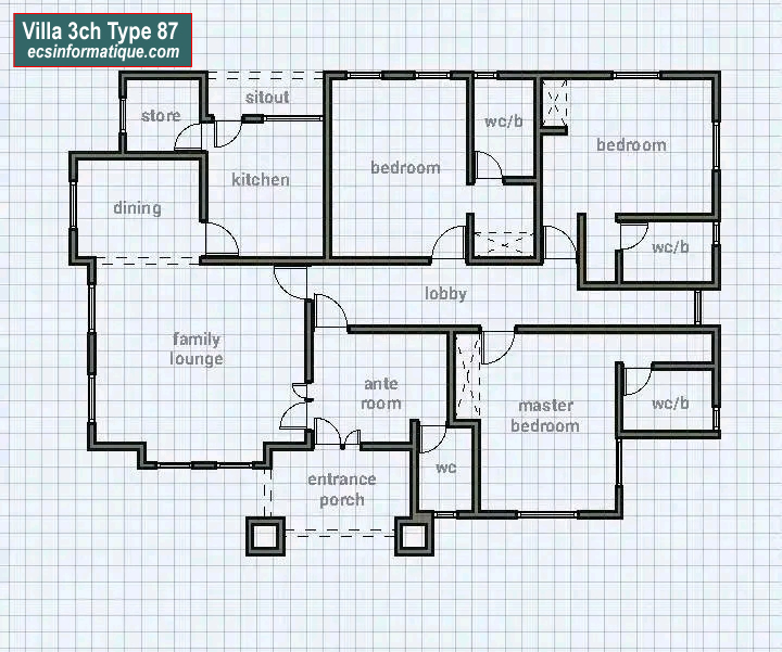 Plan de maison 3 chambres salon - Distribution 2D - Villa T4 Type 7