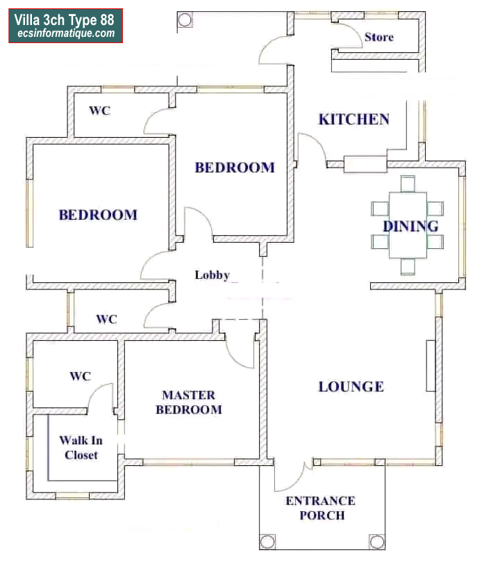 Plan de maison 3 chambres salon - Distribution 2D - Villa T4 Type 8