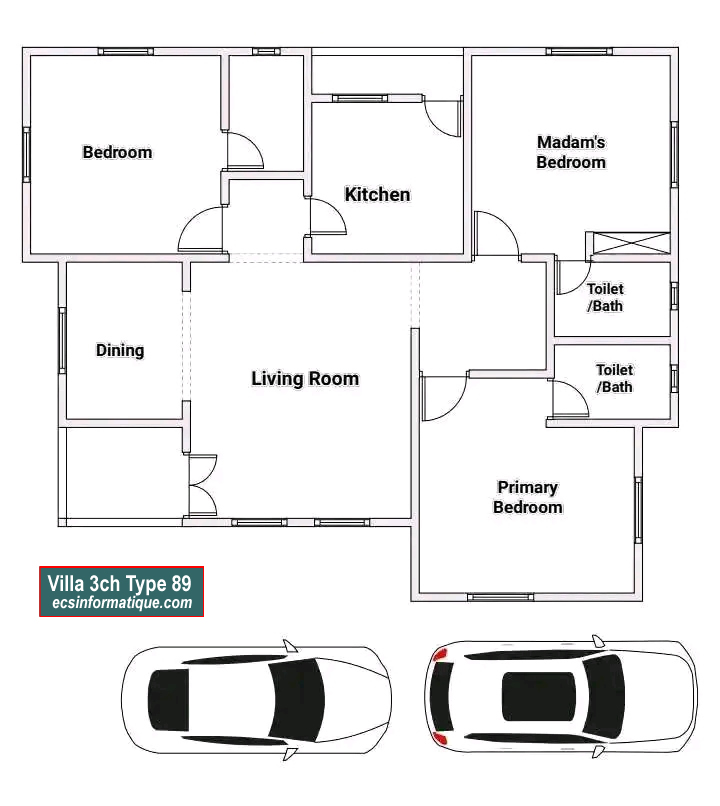 Plan de maison 3 chambres salon - Distribution 2D - Villa T4 Type 9