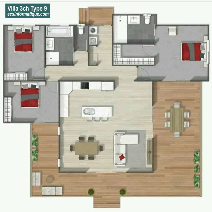 Plan de maison 3 chambres salon - Distribution 2D - Villa T4 Type 9