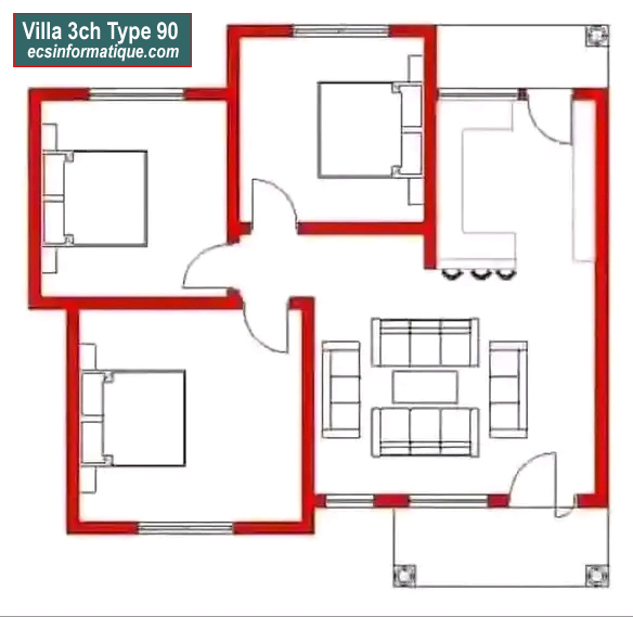 Plan de maison 3 chambres salon - Distribution 2D - Villa T4 Type 10