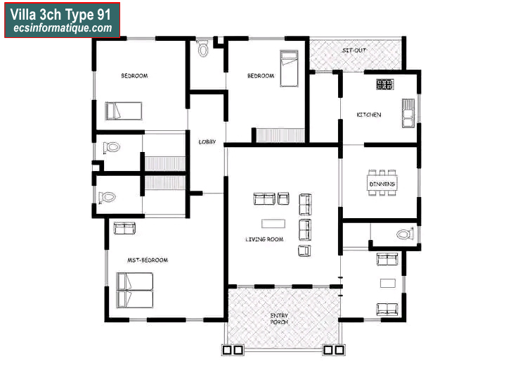 Plan de maison 3 chambres salon - Distribution 2D - Villa T4 Type 11