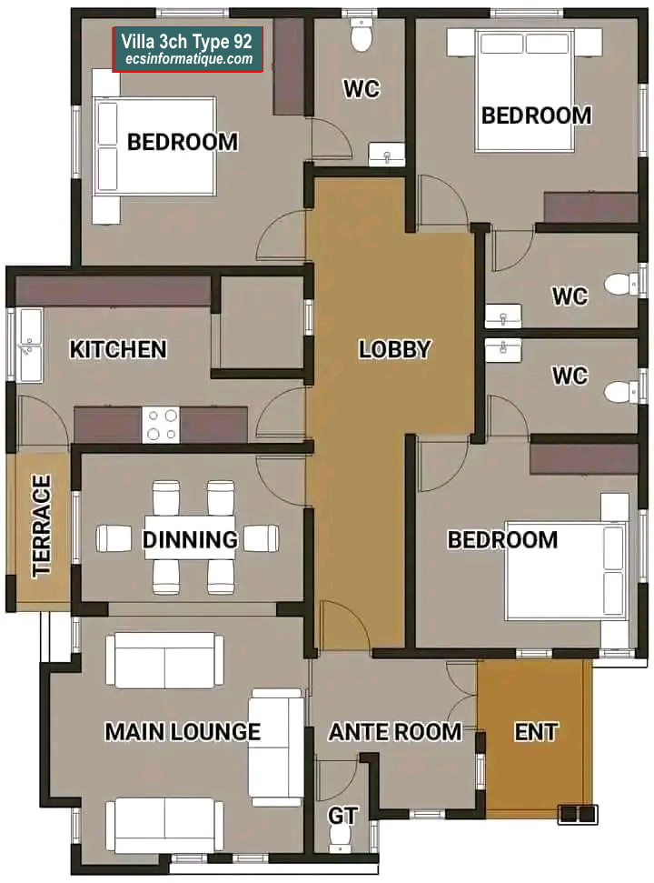 Plan de maison 3 chambres salon - Distribution 2D - Villa T4 Type 12