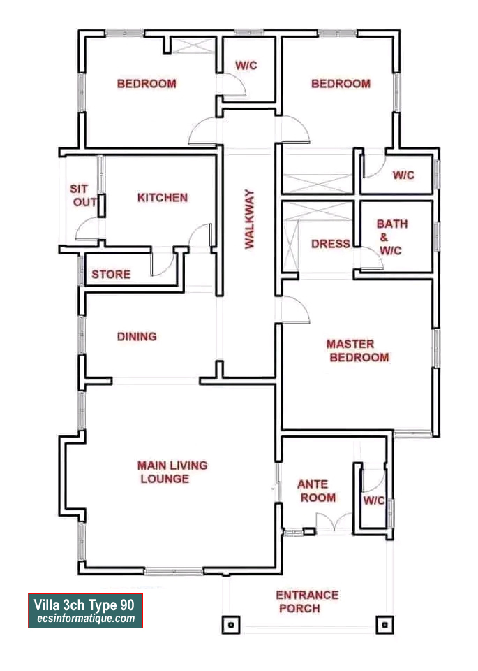 Plan de maison 3 chambres salon - Distribution 2D - Villa T4 Type 13