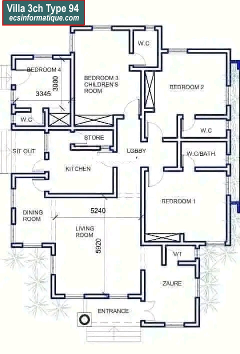 Plan de maison 3 chambres salon - Distribution 2D - Villa T4 Type 14