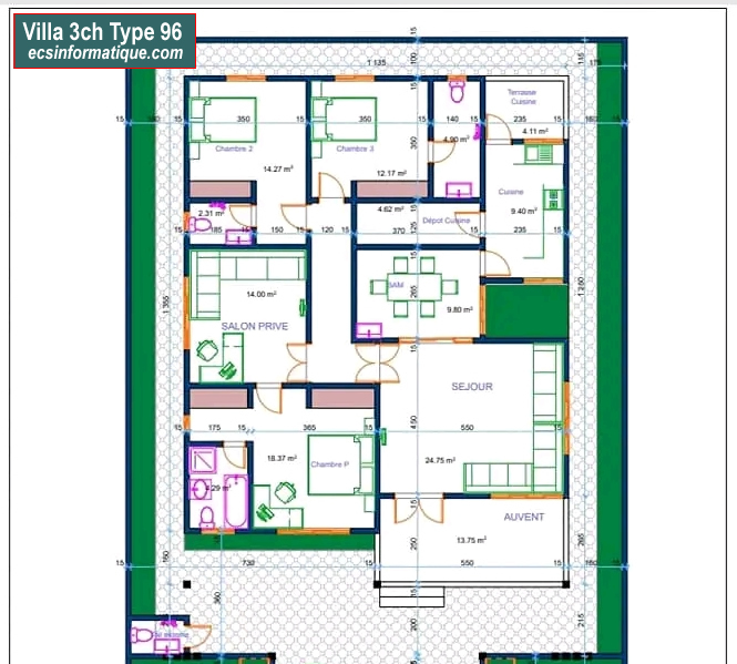 Plan de maison 3 chambres salon - Distribution 2D -Villa T4 Type 16