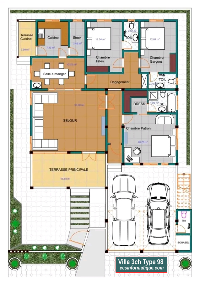 Plan de maison 3 chambres salon - Distribution 2D -Villa T4 Type 18