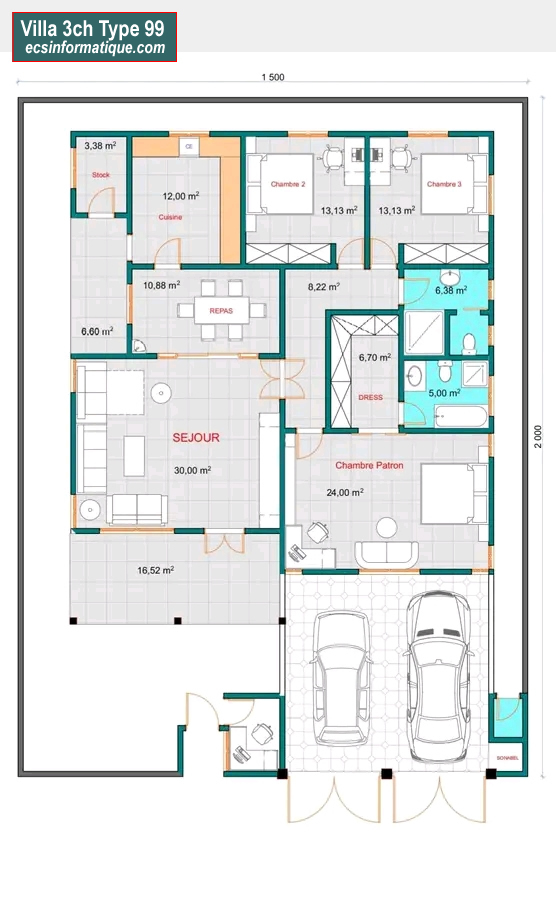 Plan de maison 3 chambres salon - Distribution 2D -Villa T4 Type 19