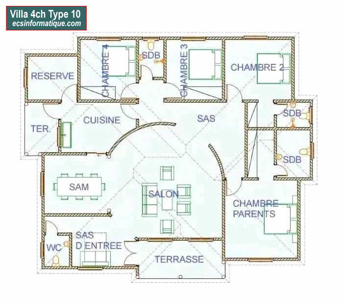 Plan de maison 4 chambres salon - Distribution 2D - Villa T5 Type 10