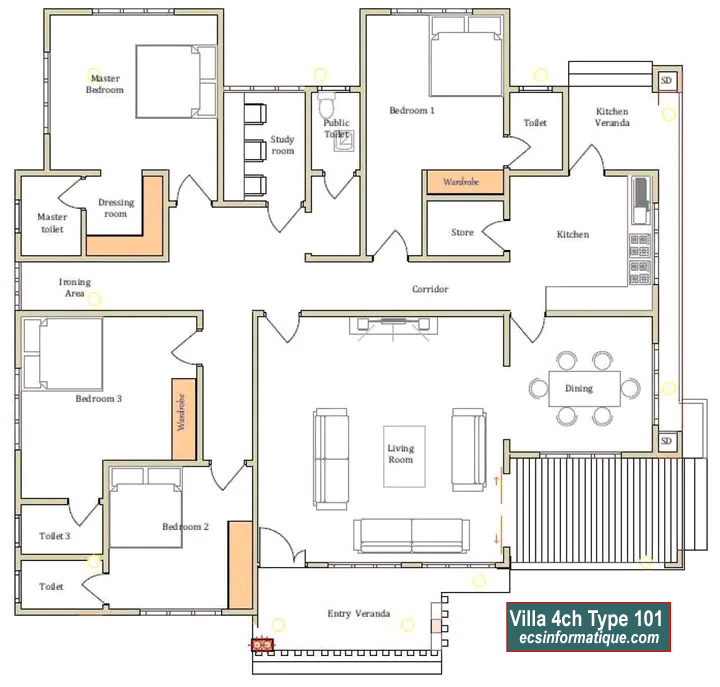 Plan de maison 4 chambres salon - Distribution 2D -Villa T5 Type 21