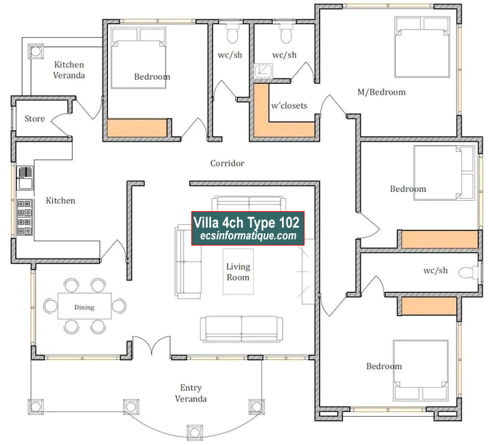 Plan de maison 4 chambres salon - Distribution 2D -Villa T5 Type 22