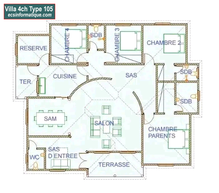 Plan de maison 4 chambres salon - Distribution 2D -Villa T5 Type 25