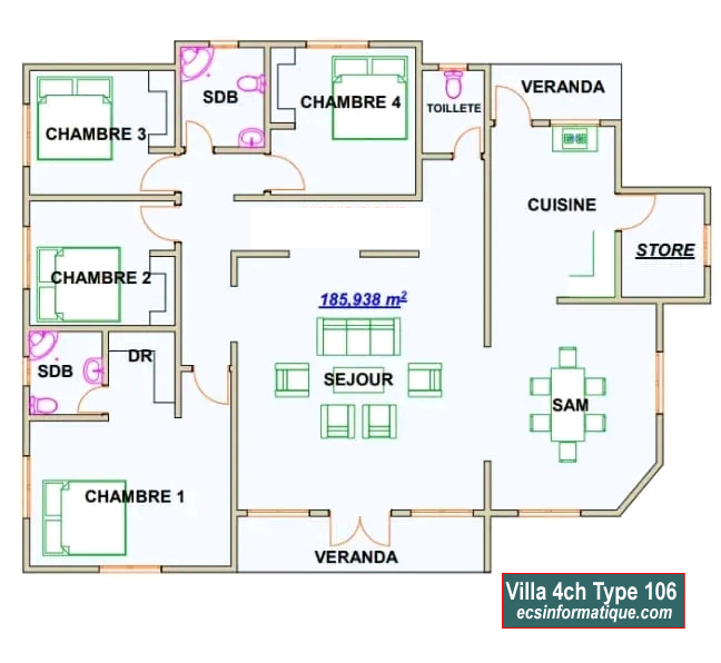 Plan de maison 4 chambres salon - Distribution 2D -Villa T5 Type 26