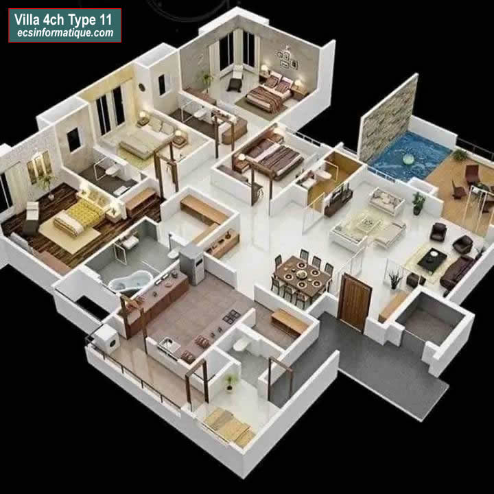 Plan de maison 4 chambres salon - Distribution 2D - Villa T5 Type 11