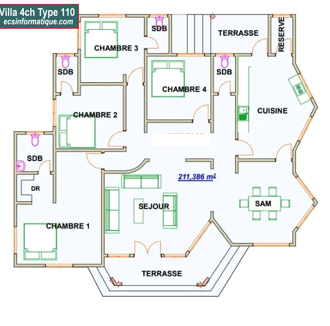 Plan de maison 4 chambres salon - Distribution 2D -Villa T5 Type 30