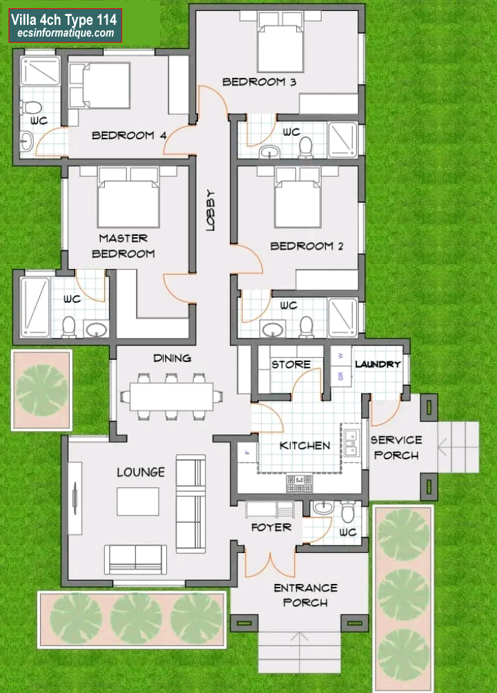 Plan de maison 4 chambres salon - Distribution 2D -Villa T5 Type 34
