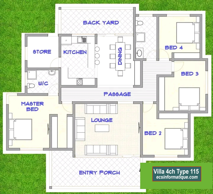 Plan de maison 4 chambres salon - Distribution 2D -Villa T5 Type 35
