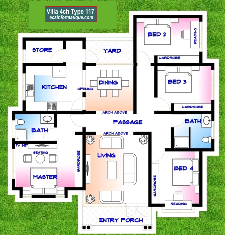 Plan de maison 4 chambres salon - Distribution 2D -Villa T5 Type 37