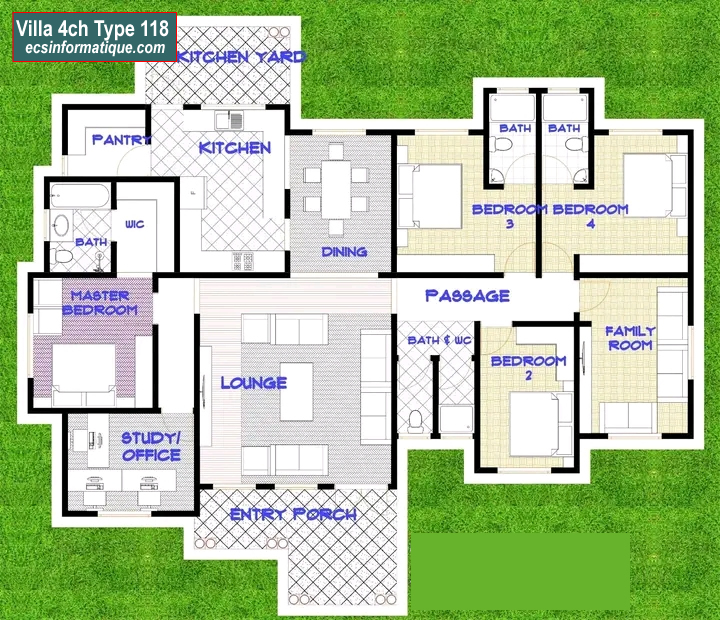 Plan de maison 4 chambres salon - Distribution 2D -Villa T5 Type 37