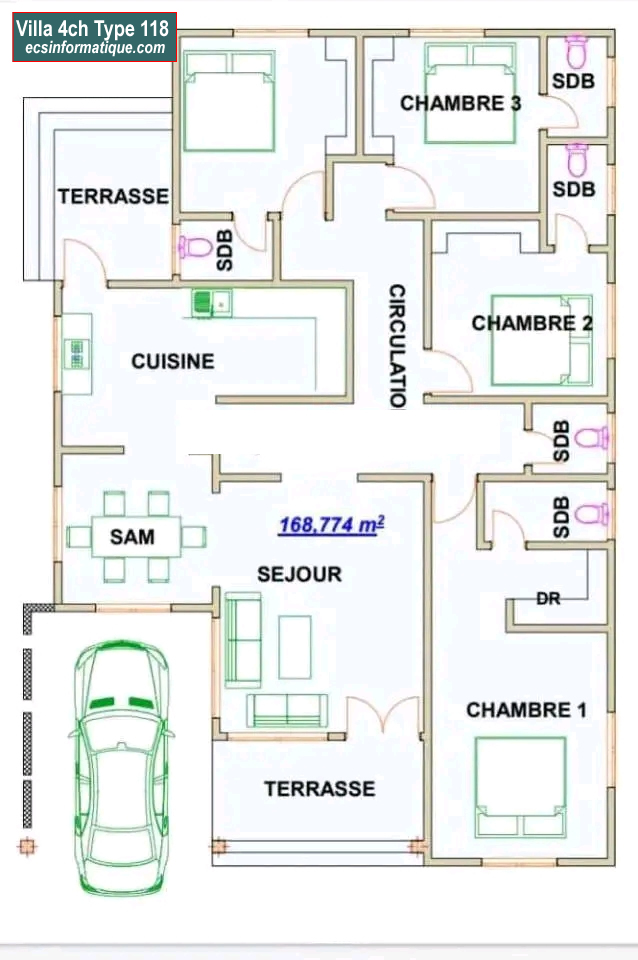 Plan de maison 4 chambres salon - Distribution 2D -Villa T5 Type 37