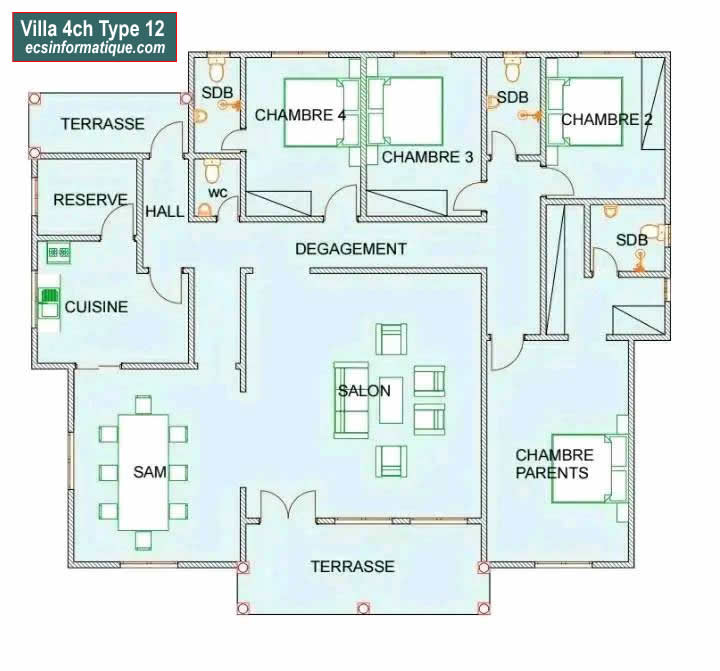 Plan de maison 4 chambres salon - Distribution 2D - Villa T5 Type 12