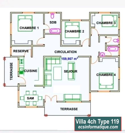 Plan de maison 4 chambres salon - Distribution 2D -Villa T5 Type 37